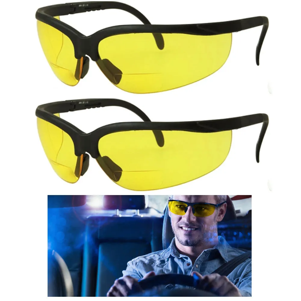 2 Bifocal Night Driving Sunglasses Riding Glasses Black Frame Yellow Lens  2.50