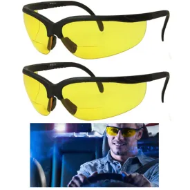 2 Bifocal Night Driving Sunglasses Riding Glasses Black Frame Yellow Lens  2.50