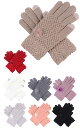 DBG7702 Solid Knit Pompom Detailing Gloves 12prs Pack, ALL BLACK ONLY!