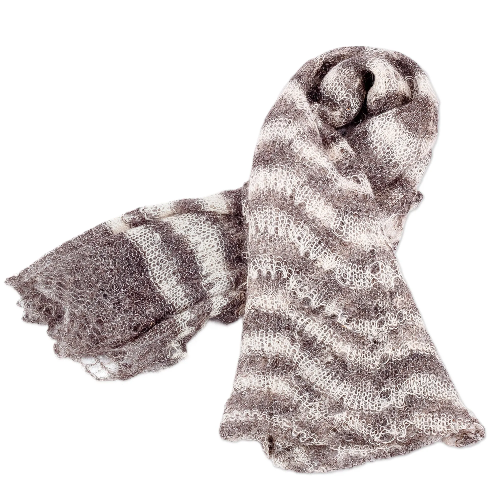Handwoven Striped Soft Black and White Cashmere Wool Scarf - Regal Pleasure | NOVICA