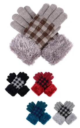 JG523 Check Pattern Soft Inside Fur Lining Gloves 12prs Pack(JSMP)