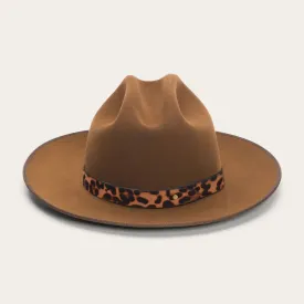 Khaki Classic Felt Fedora with Chic Leopard Print Ribbon