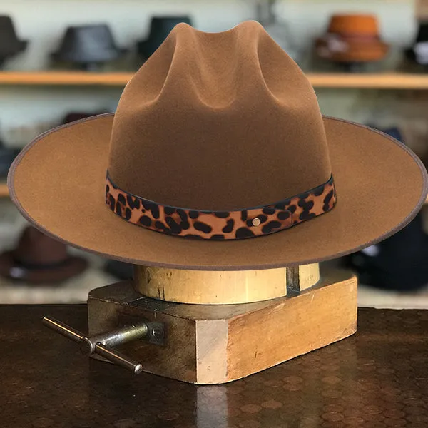 Khaki Classic Felt Fedora with Chic Leopard Print Ribbon