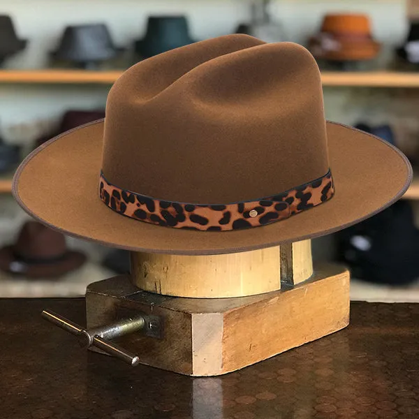 Khaki Classic Felt Fedora with Chic Leopard Print Ribbon