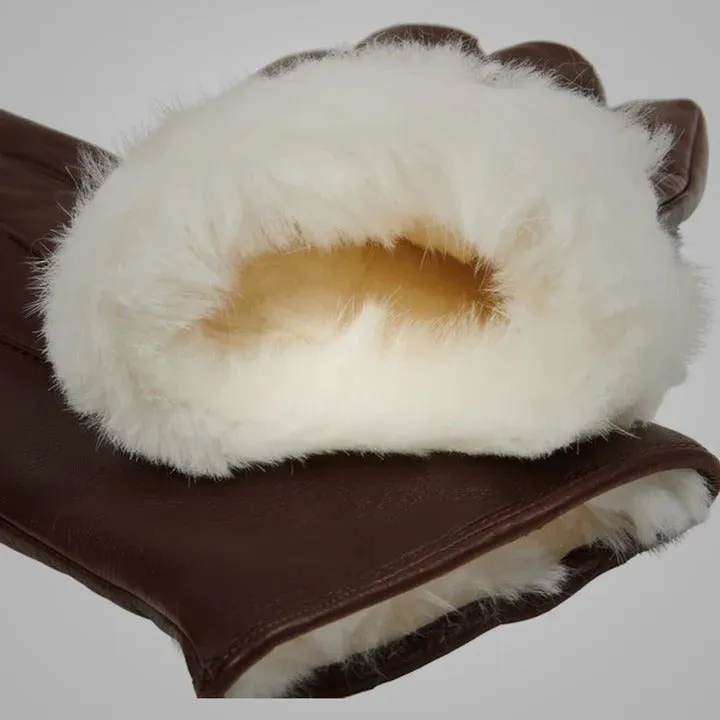 Men’s Brown Lambskin Leather Gloves with White Fur Lining