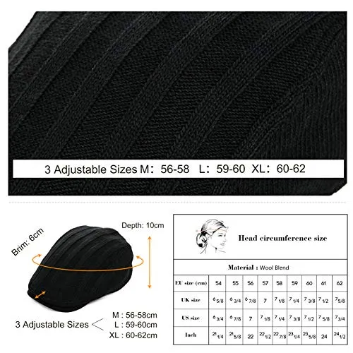 Mens Winter Wool Newsboy Cap Adjustable Cold Weather Flat Cap Soft Lined